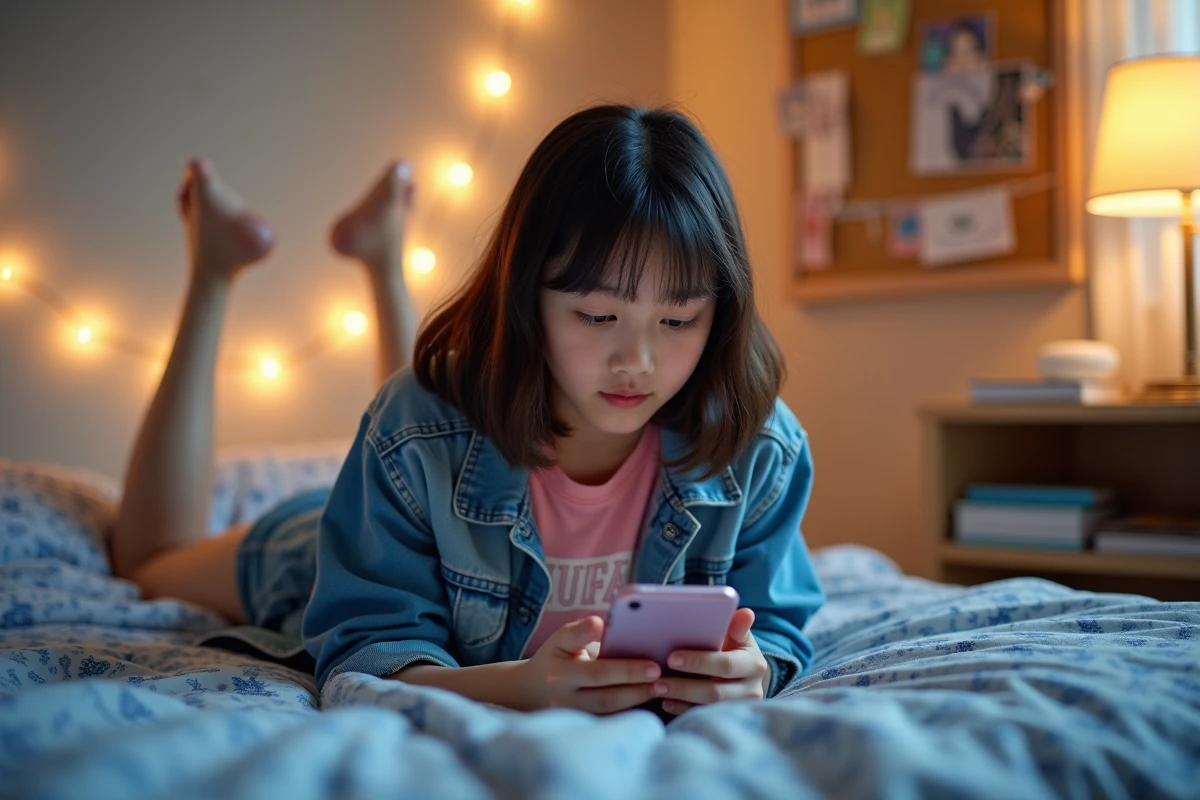 Adolescente lisant un manhwa sur smartphone dans sa chambre, guide pour commencer la lecture de manhuas en ligne