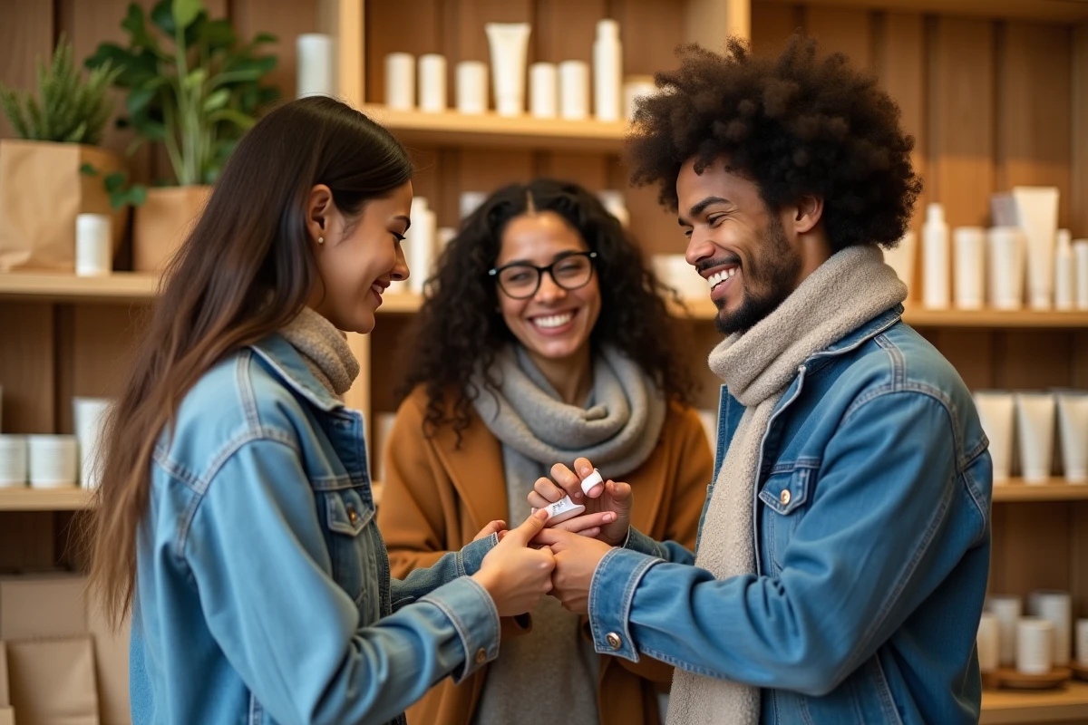 Groupe d amis découvrant des produits de soin en magasin
