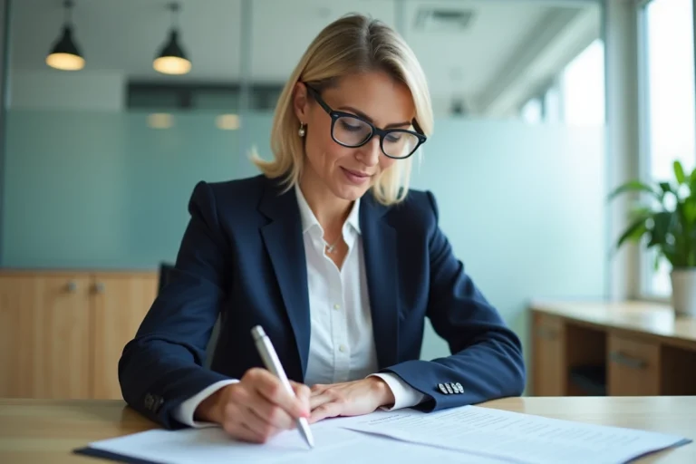 Gestionnaire de micro crèche analysant un contrat de bail commercial dans un bureau moderne