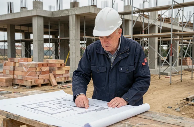 Architecte en chantier examinant des plans de construction pour éviter les erreurs lors d'une nouvelle construction