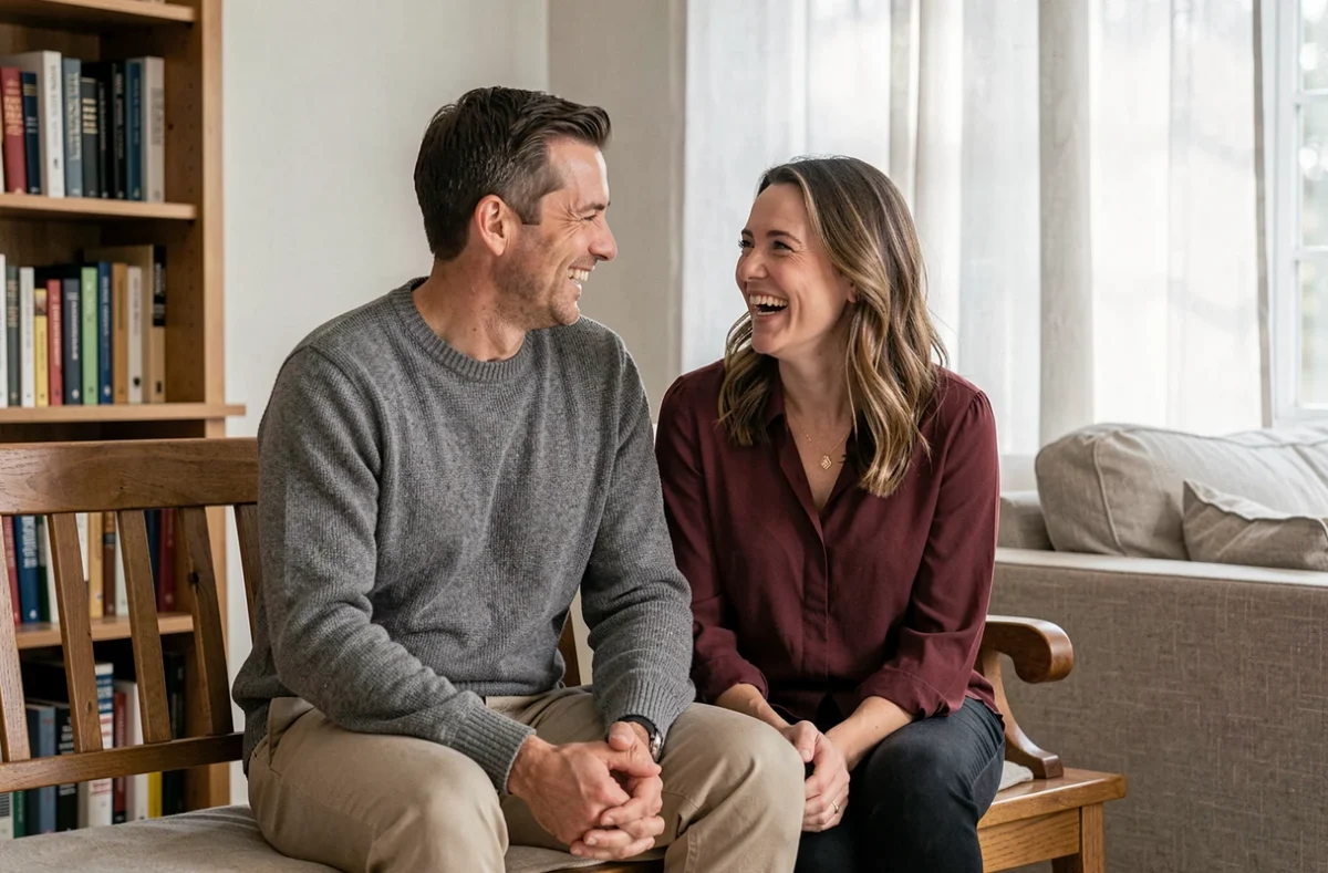 Couple assis ensemble dans un salon chaleureux, portrait authentique illustrant la vie privée et l'histoire de Brian Banks et sa femme