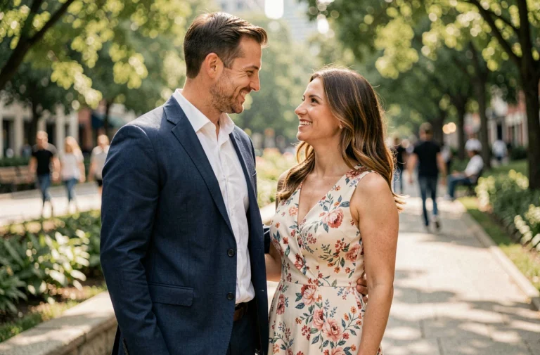 Couple souriant dans un parc urbain, homme en blazer marine et femme en robe fleurie, portrait en extérieur illustrant l'histoire de Brian Banks et sa femme
