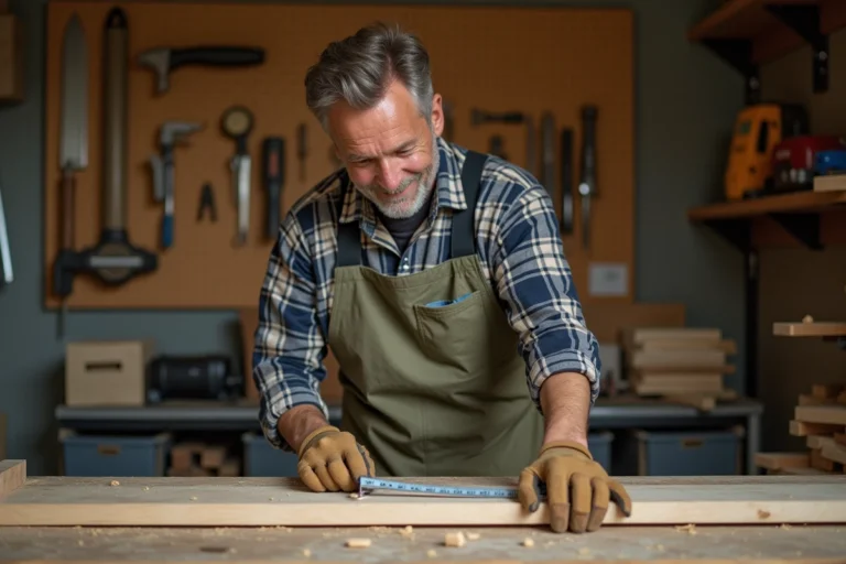 Bricoleur mesurant une planche en bois dans un atelier de garage à la maison avec des outils accrochés au mur