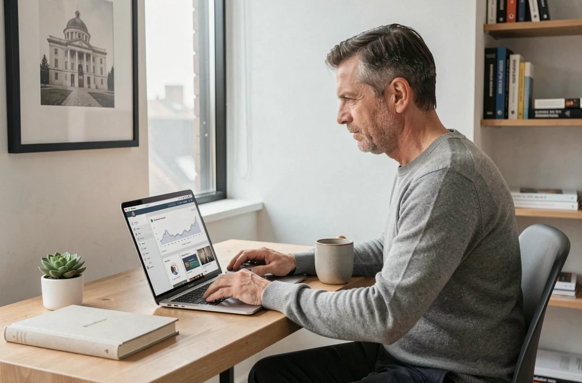 Chef d'entreprise travaillant seul sur une plateforme de ressources en ligne pour booster la croissance de son activité depuis son bureau à domicile