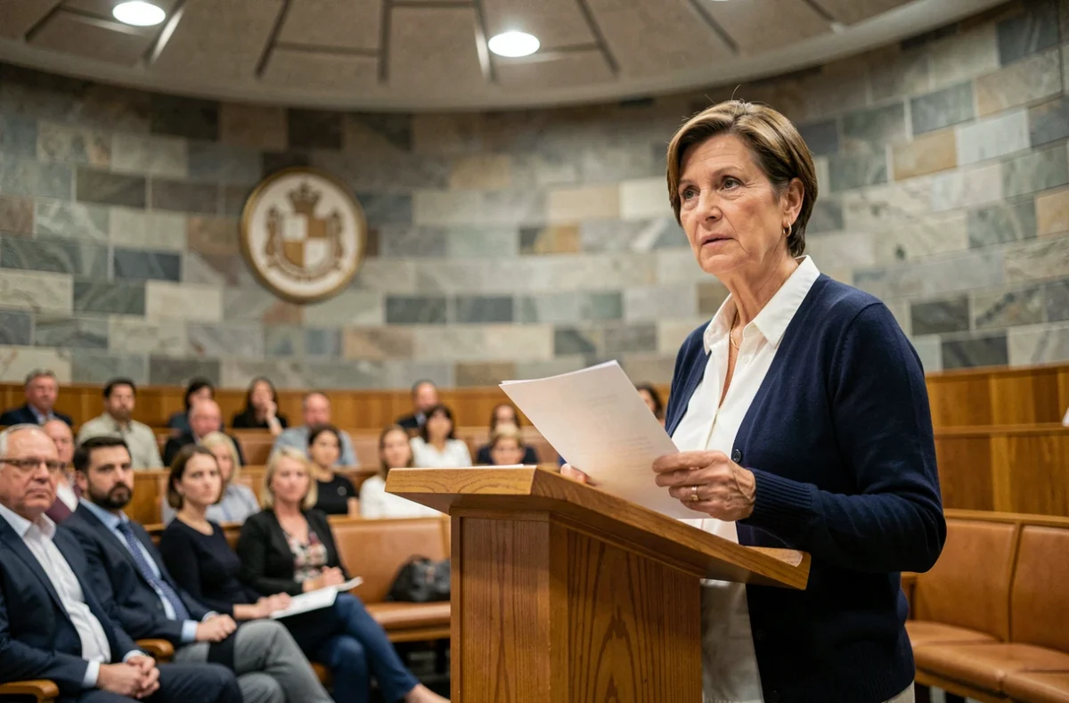Citoyenne tirée au sort prenant la parole à la tribune d'une assemblée démocratique participative lors d'un débat public
