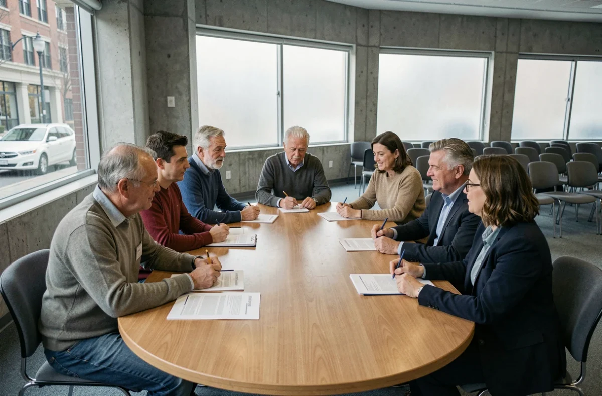 Groupe de citoyens tirés au sort réunis autour d'une table dans une salle de délibération civique pour une assemblée démocratique participative