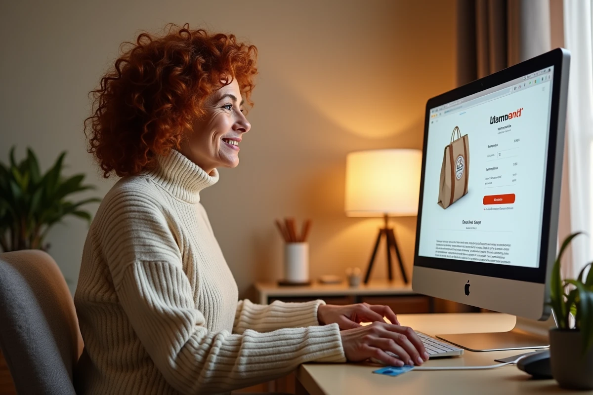 Femme confirmant une commande Damart sur ordinateur de bureau avec carte bancaire à portée de main