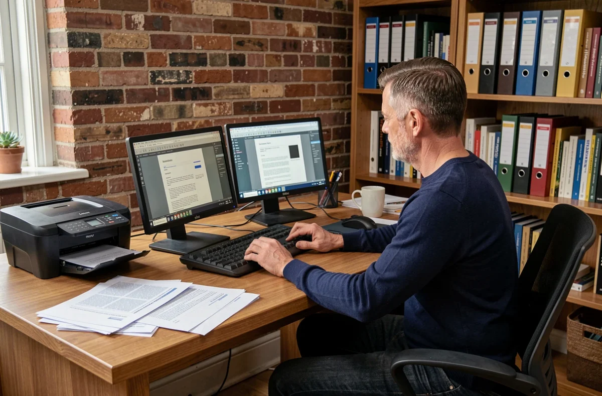 Homme comparant des logiciels de scanner sur deux écrans dans un bureau à domicile avec scanner de documents