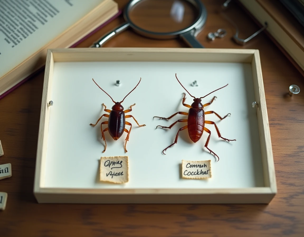 Comparaison entomologique entre un forficule (ophone) et un cafard sur un plateau de collection scientifique, vue du dessus