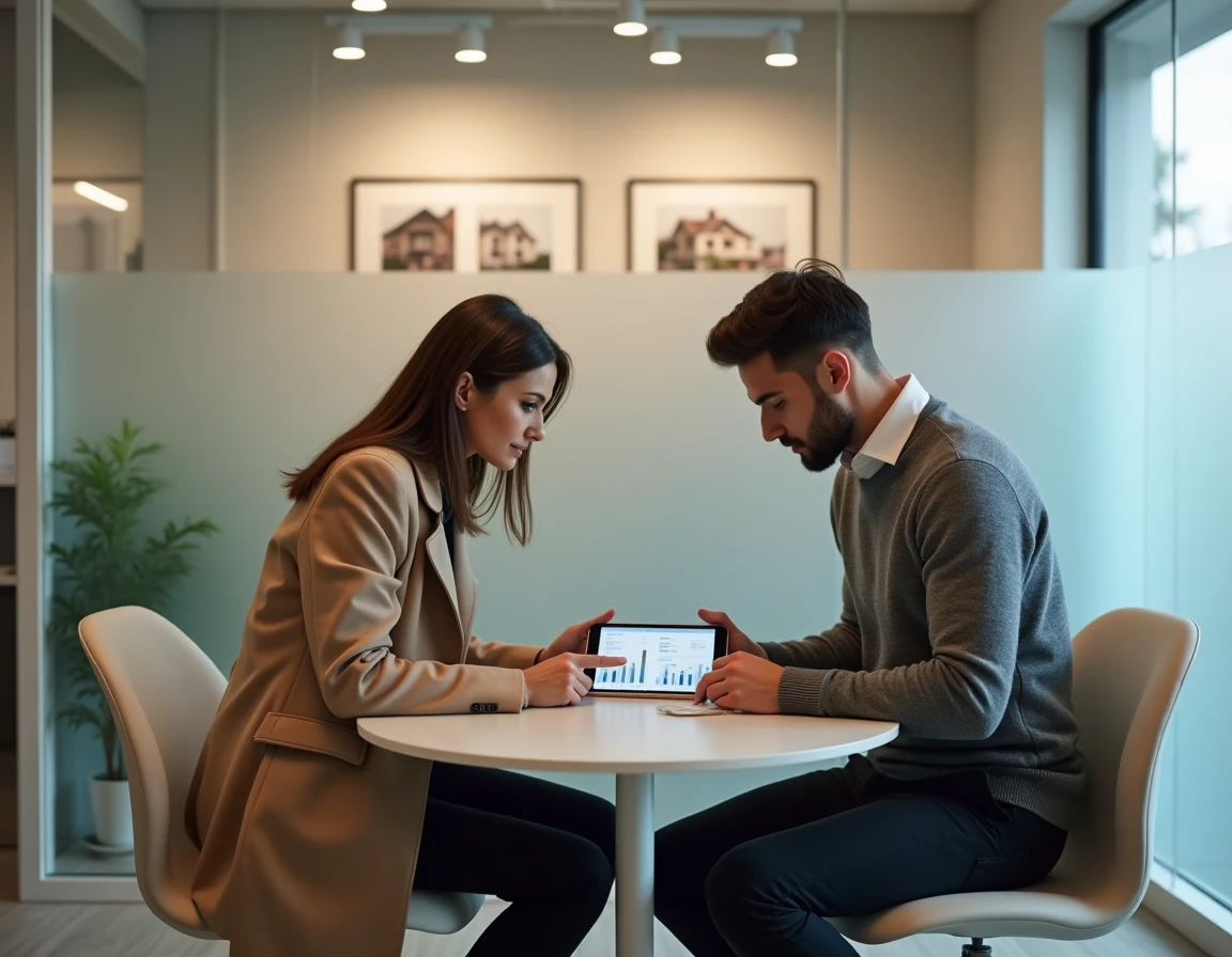 Deux professionnels novices en immobilier consultant la plateforme Liloo BSK ensemble dans une agence