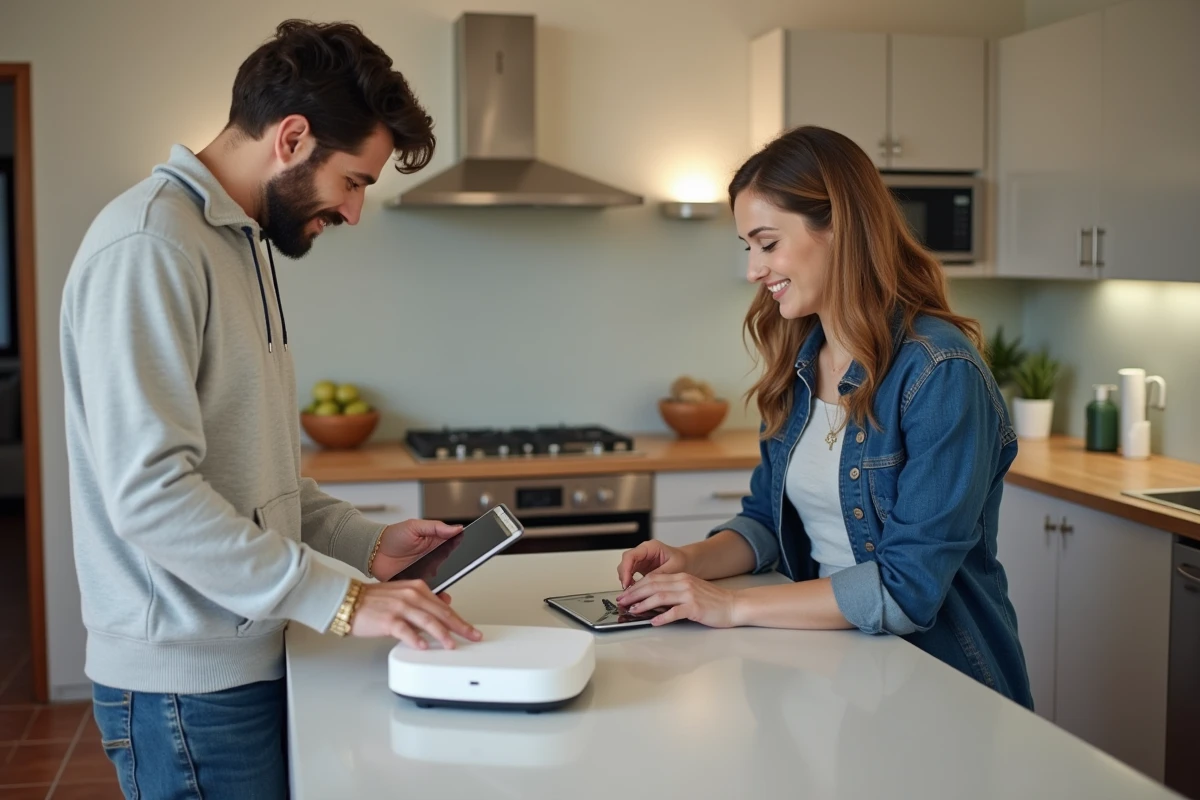 Couple interagissant avec un hub domotique connecté dans une cuisine moderne, tendances high-tech maison intelligente