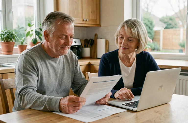 Couple de retraités consultant des documents financiers ensemble à table pour préparer leur retraite sereinement
