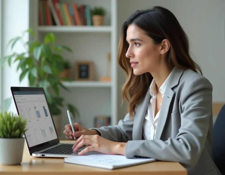 Jeune femme débutante en immobilier utilisant la plateforme Liloo BSK sur son ordinateur dans un bureau moderne