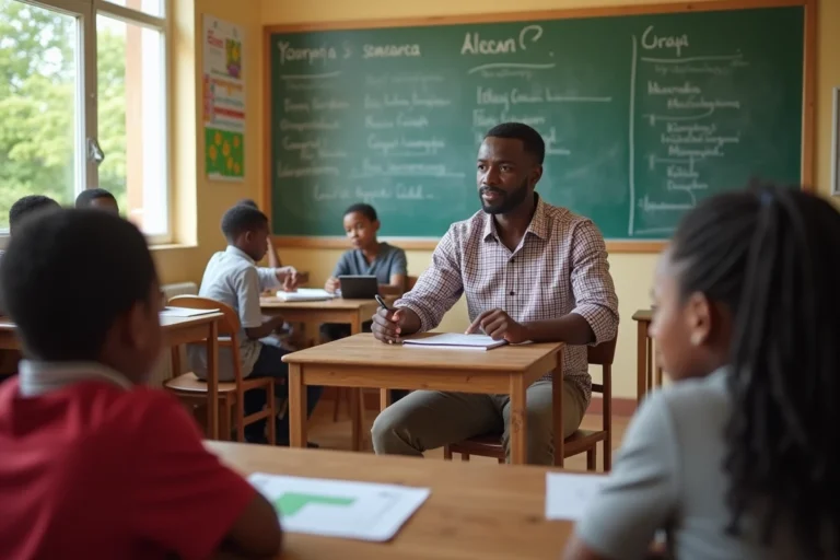 Professeur africain guidant des enfants en classe avec tablette