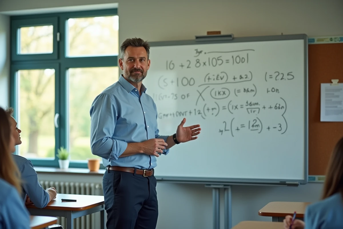 Professeur montrant un problème de maths sur un tableau blanc moderne