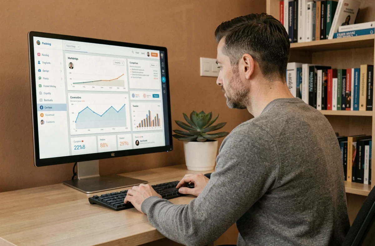 Entrepreneur analysant un tableau de bord de marketing digital depuis son bureau à domicile