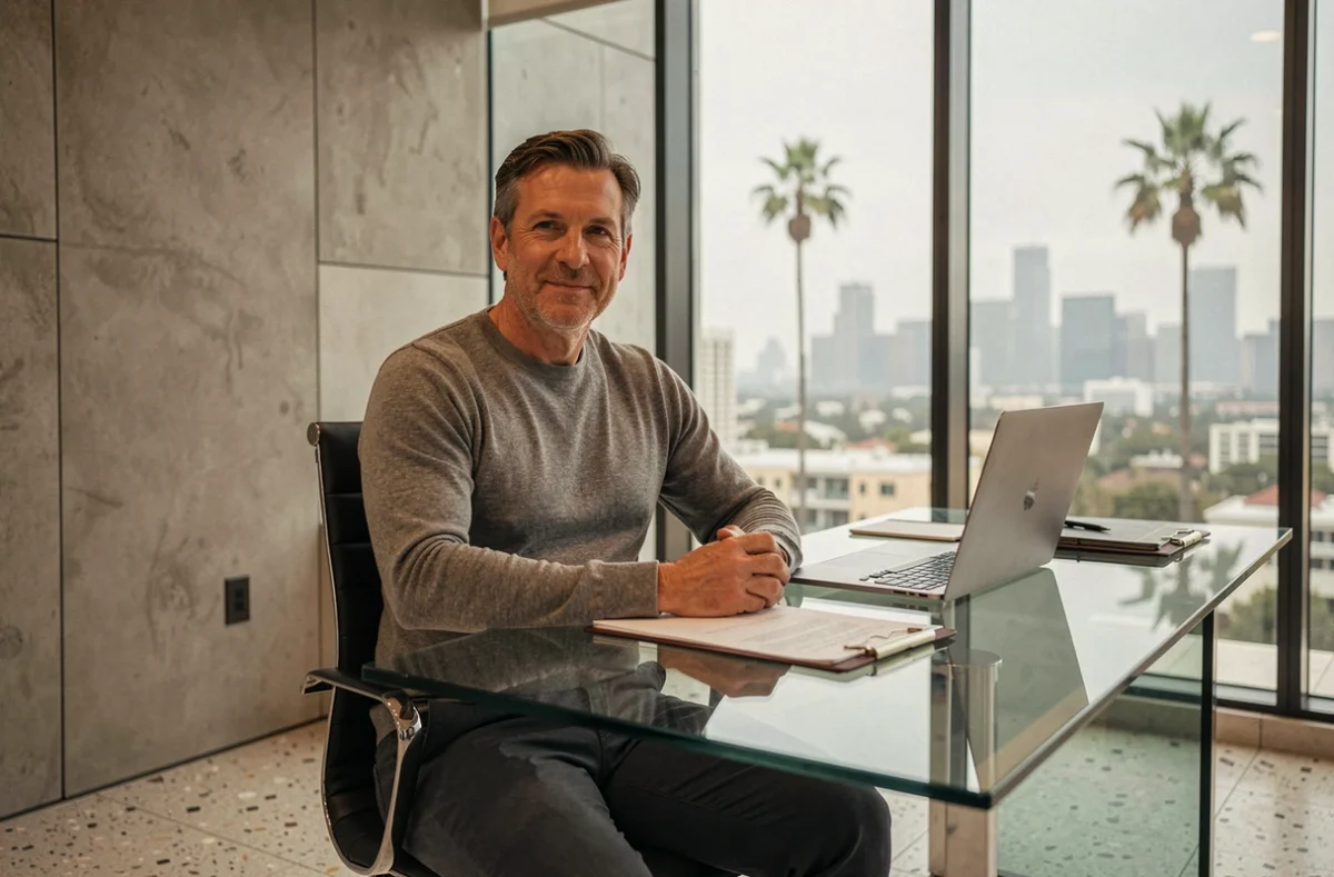 Entrepreneur prospère dans un bureau moderne à Los Angeles avec vue sur la skyline californienne, symbolisant le net worth et la réussite internationale d'un homme d'affaires