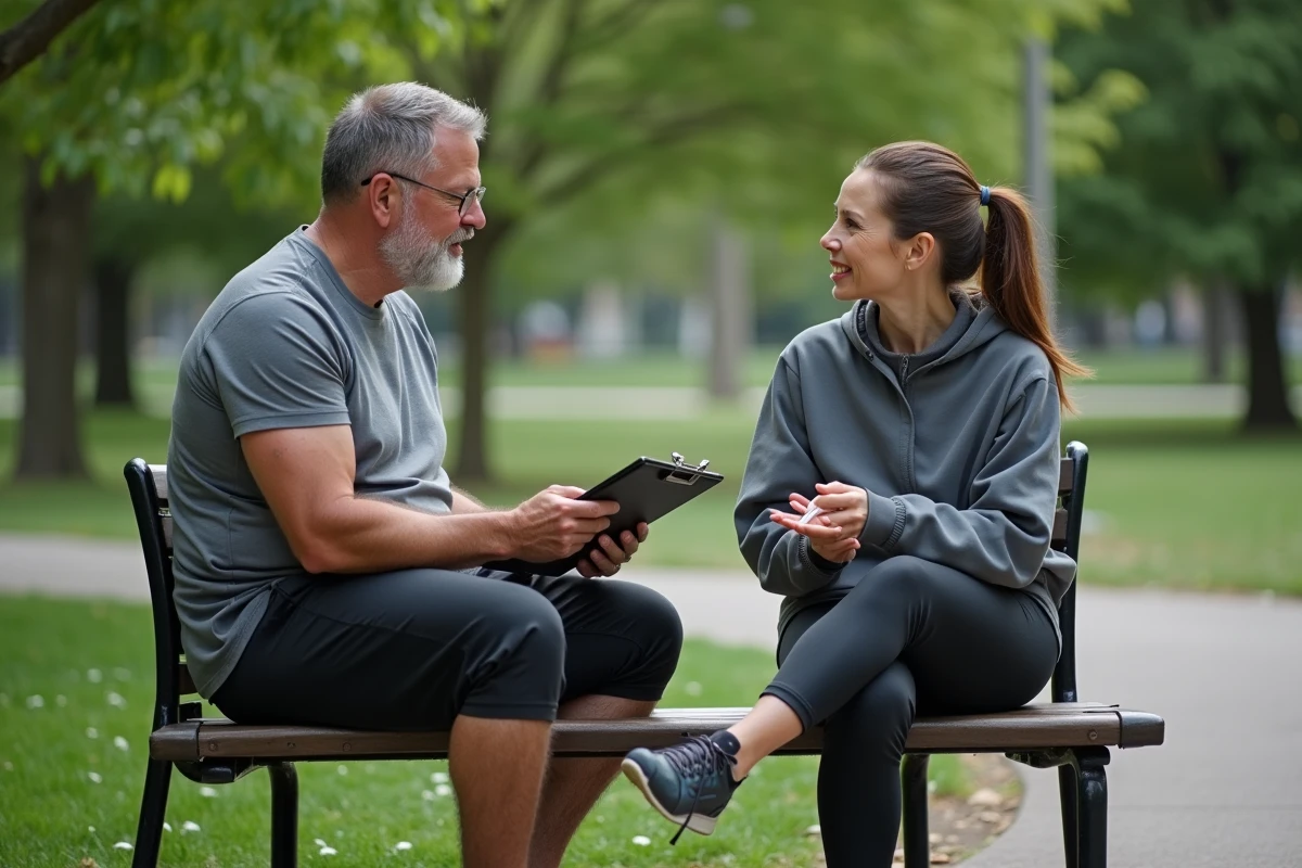 Homme et femme discutant dans un parc urbain en pleine nature