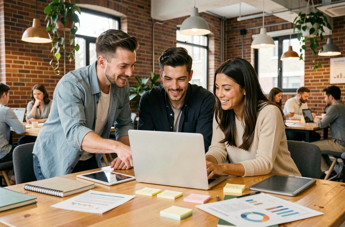 Équipe de professionnels collaborant sur des ressources numériques innovantes dans un espace de coworking