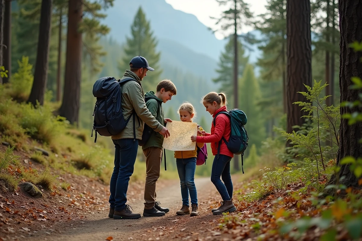 Famille en randonnée avec carte dans la forêt