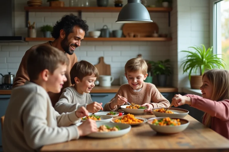 Famille de quatre partageant un repas convivial à la maison