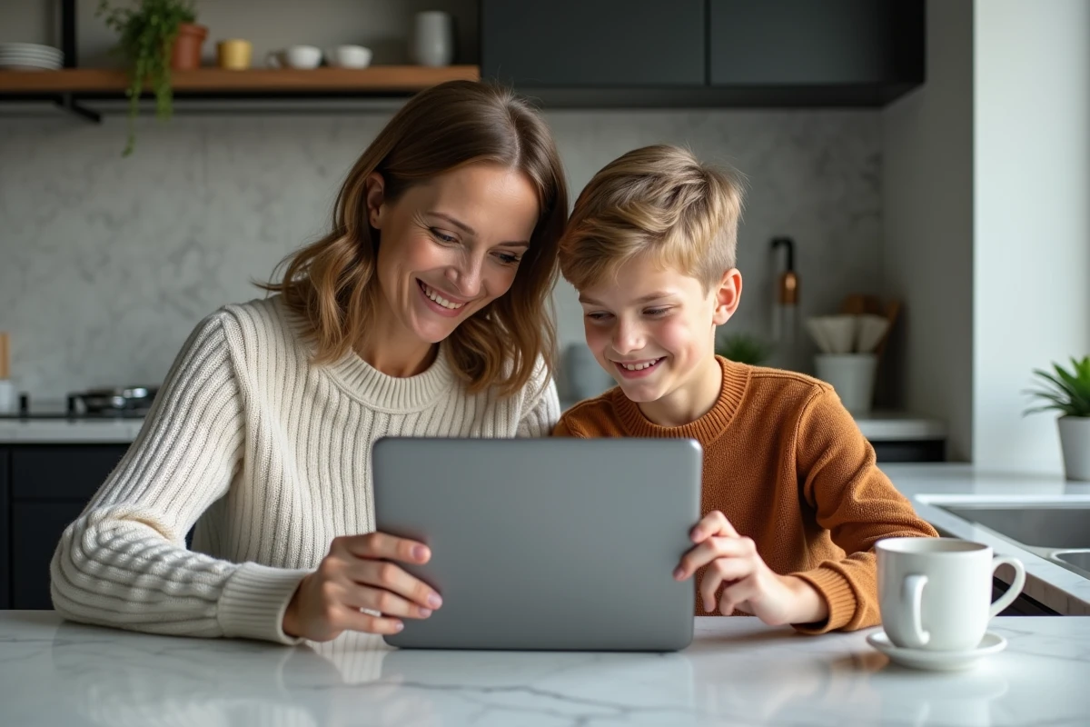 Famille partageant une tablette dans une cuisine moderne