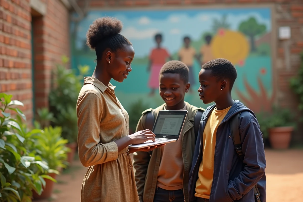 Femme africaine montrant des matériaux éducatifs en extérieur