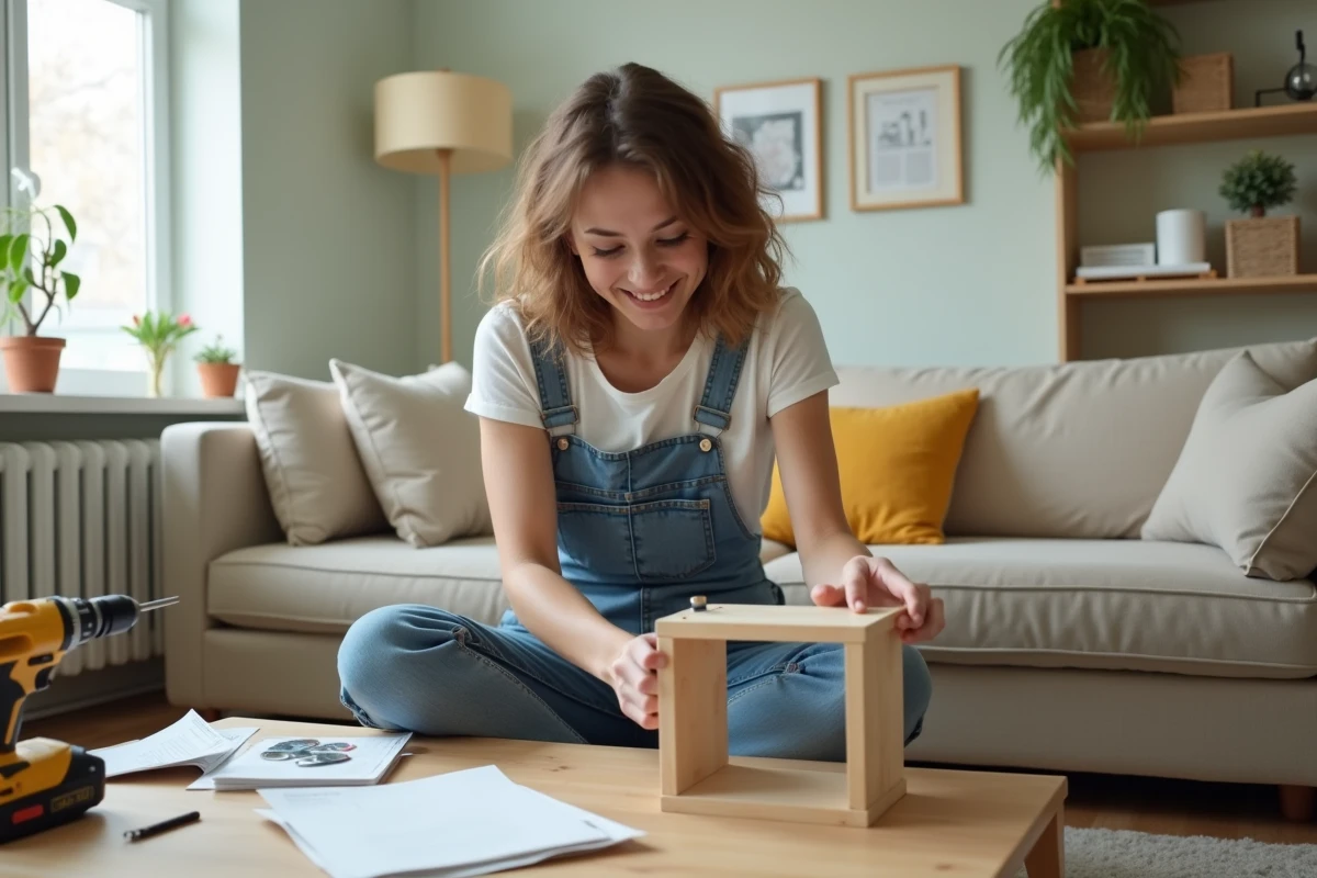 Jeune femme assemblant une petite étagère dans un salon lumineux