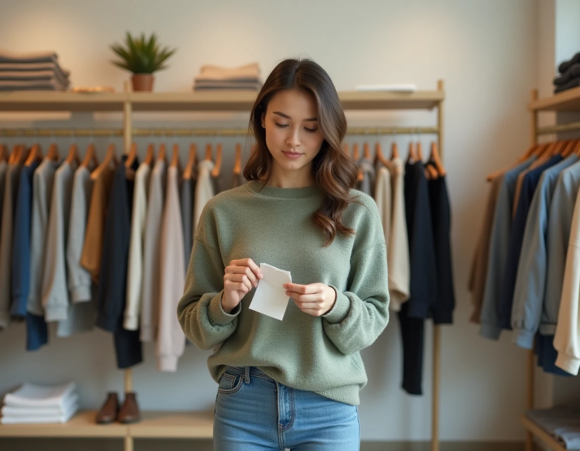 Femme en boutique tenant une étiquette de taille L sur un pull vert sauge bien ajusté