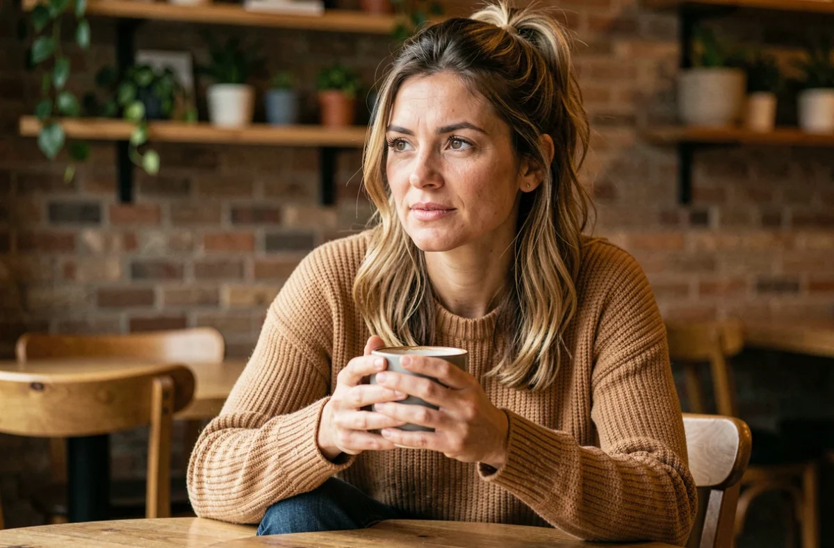 Femme souriante dans un café, portrait intimiste illustrant le profil personnel de l'épouse de Brian Banks