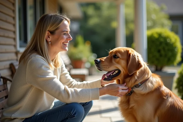 Femme souriante brossant un golden retriever sur la terrasse
