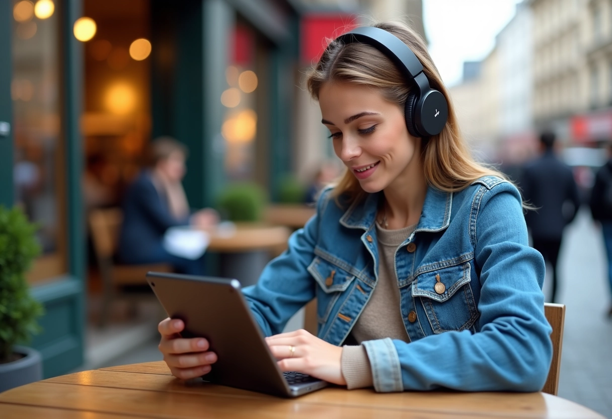 Jeune femme au café lisant une actualite sur une tablette