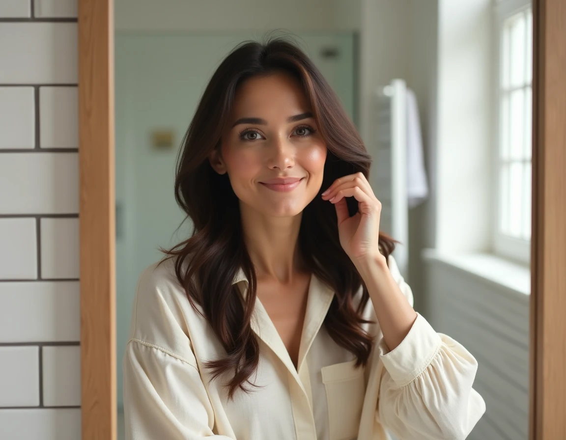 Femme aux cheveux épais et sains appliquant un soin capillaire devant son miroir de salle de bain