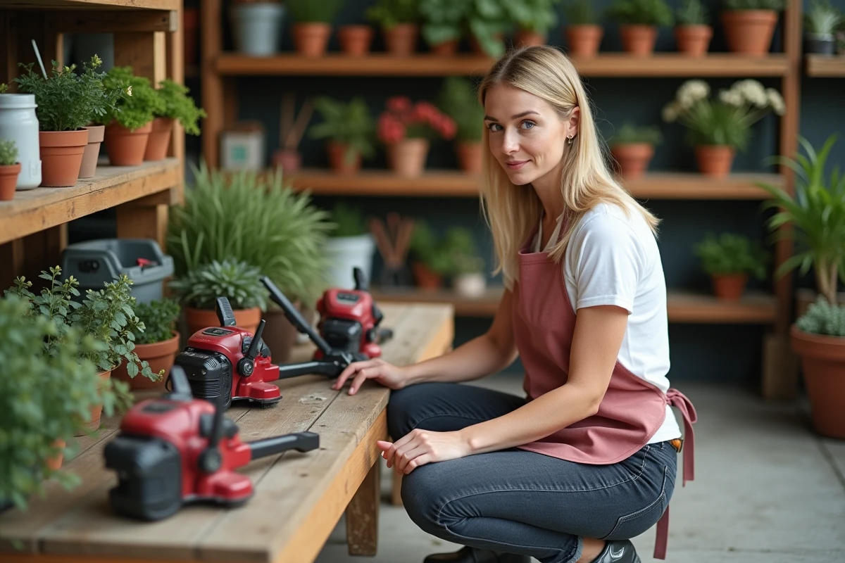 Femme comparant différents modèles de taille-bordures dans un magasin de jardinage pour faire le bon choix