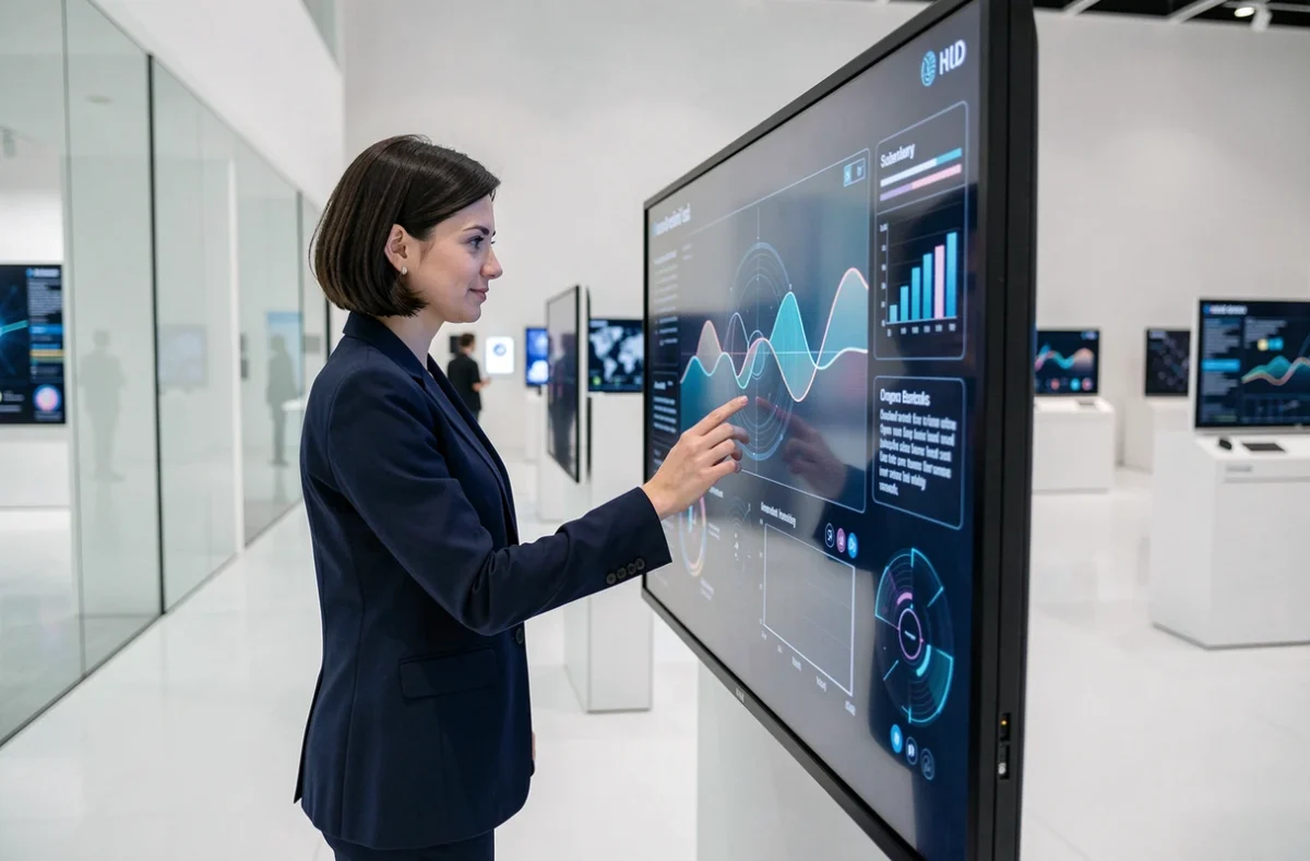 Femme interagissant avec un écran tactile interactif lors d'un salon tech innovant
