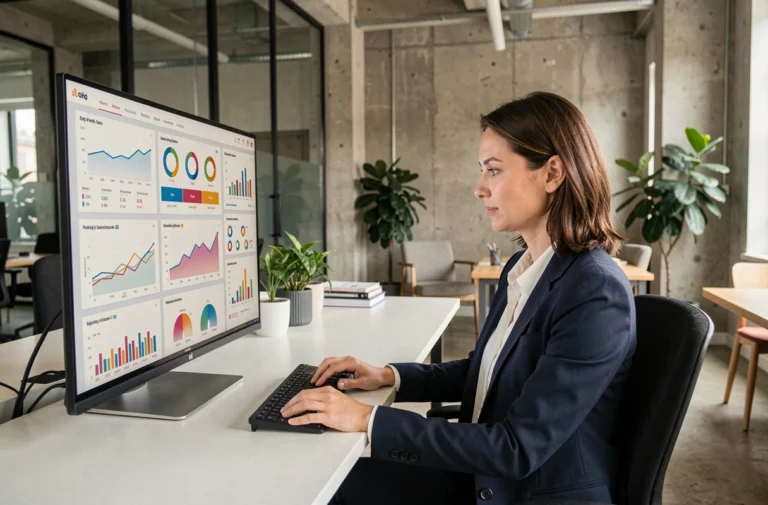 Femme entrepreneur analysant des tableaux de bord de croissance en ligne sur un grand écran dans un bureau moderne