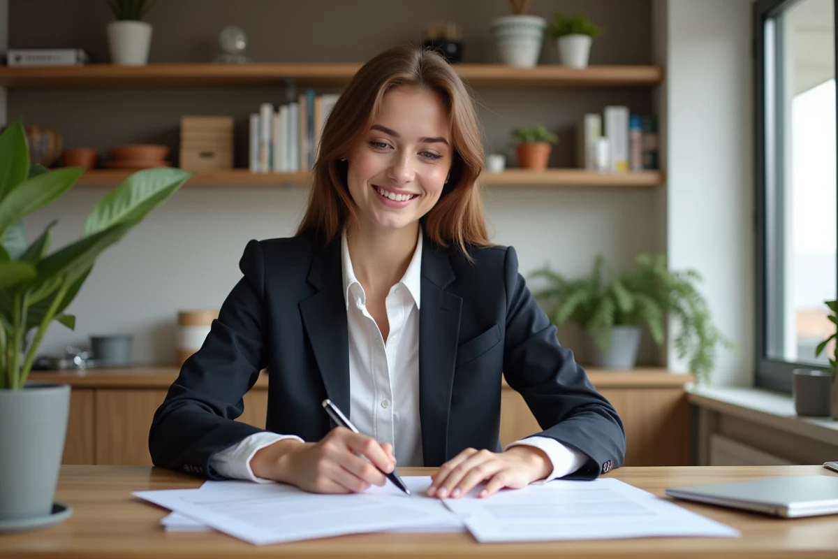 Jeune femme souriante vérifiant documents immobiliers