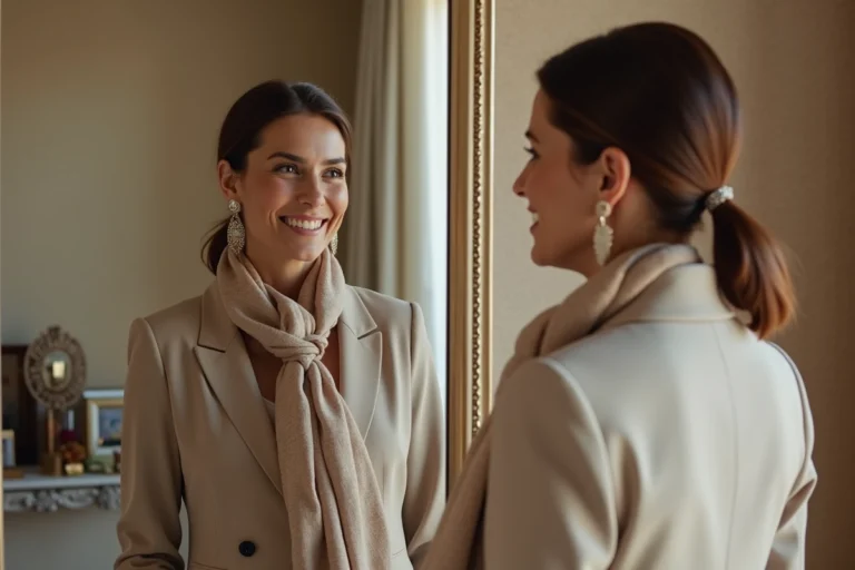 Femme élégante en blazer et foulard dans un intérieur moderne