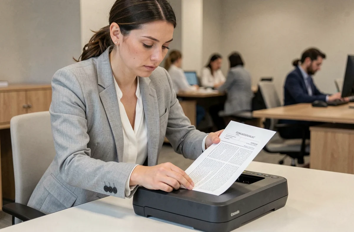 Femme d'affaires utilisant un scanner à plat pour numériser des documents dans un bureau moderne