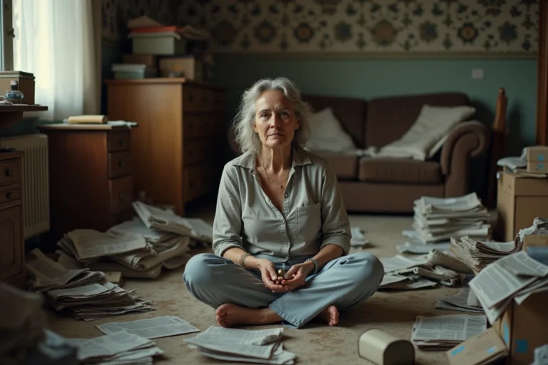 Femme d'âge moyen dans un intérieur encombré de papiers et objets