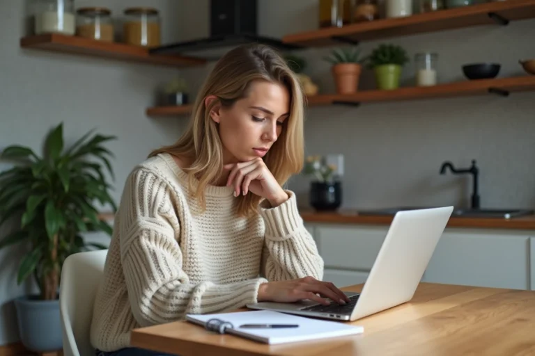 Femme en sweater compare produits sur son ordinateur dans la cuisine