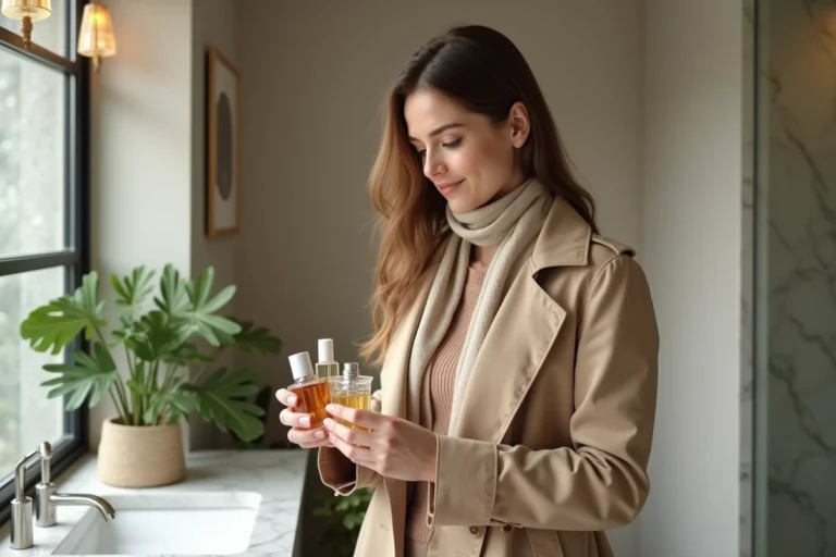 Jeune femme avec parfums dans un décor moderne et cosy