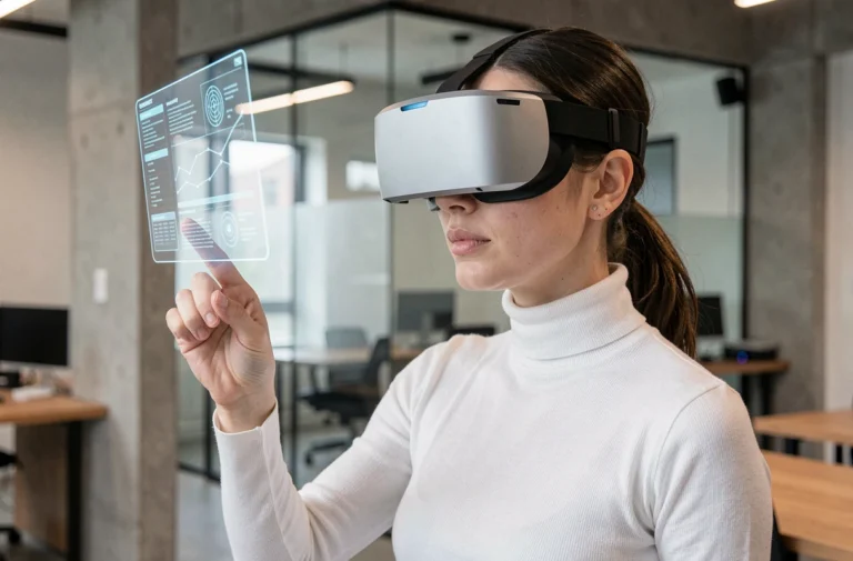Femme utilisant un casque de réalité augmentée dans un studio tech moderne, illustrant les innovations high-tech 2024