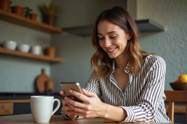 Femme souriante recharge son mobile à la maison