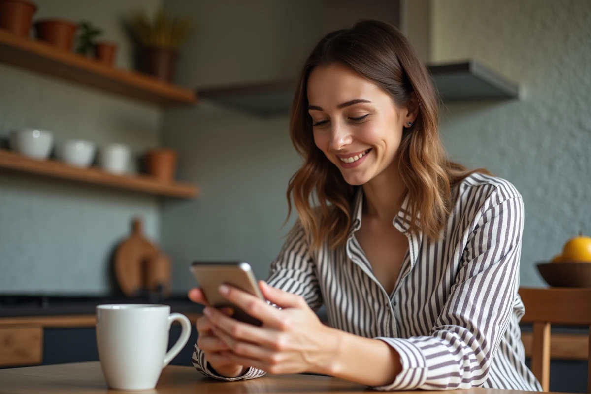 Femme souriante recharge son mobile à la maison