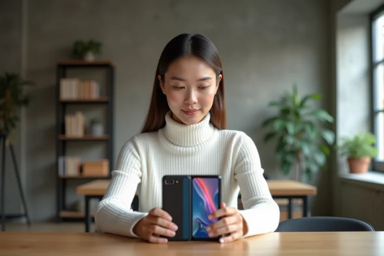 Femme utilisant un smartphone pliable dernier cri dans un loft moderne, illustration des tendances high-tech