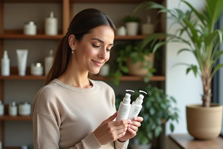 Femme comparant produits de soin dans une boutique moderne