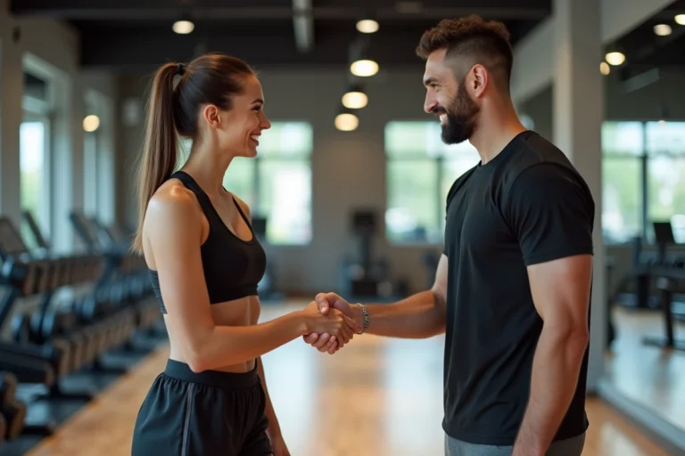 Jeune femme sportive souriante avec entraîneur dans une salle de sport