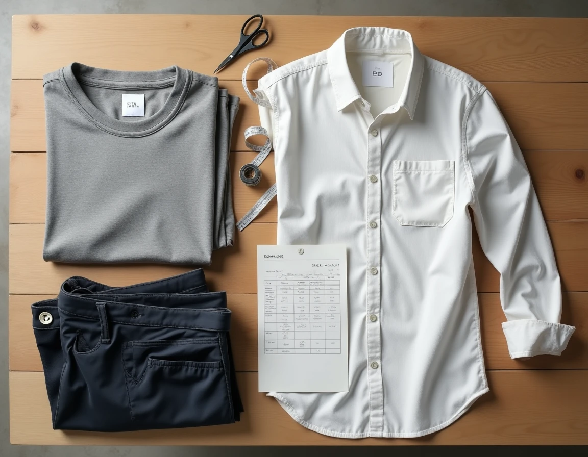 Flat lay de vêtements taille L avec tableau de correspondance des tailles et mètre ruban