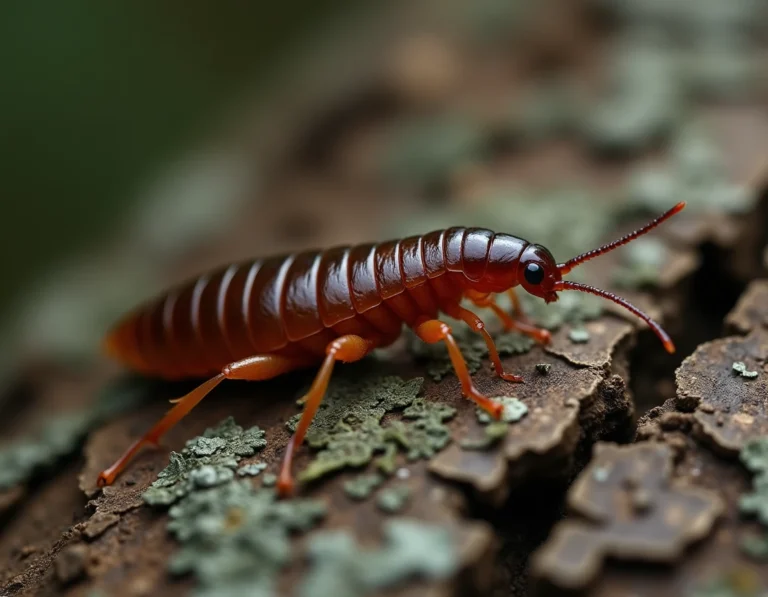 Gros plan macro d'un forficule (ophone) sur une écorce d'arbre, montrant ses pinces caractéristiques et son corps segmenté brun